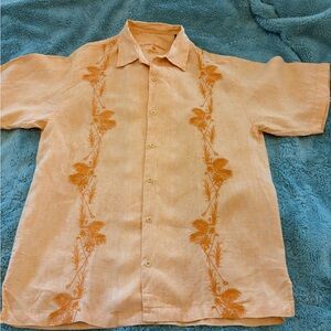 Tommy Bahama Linen Peach Palm Embroidered Shirt Mens Size Medium